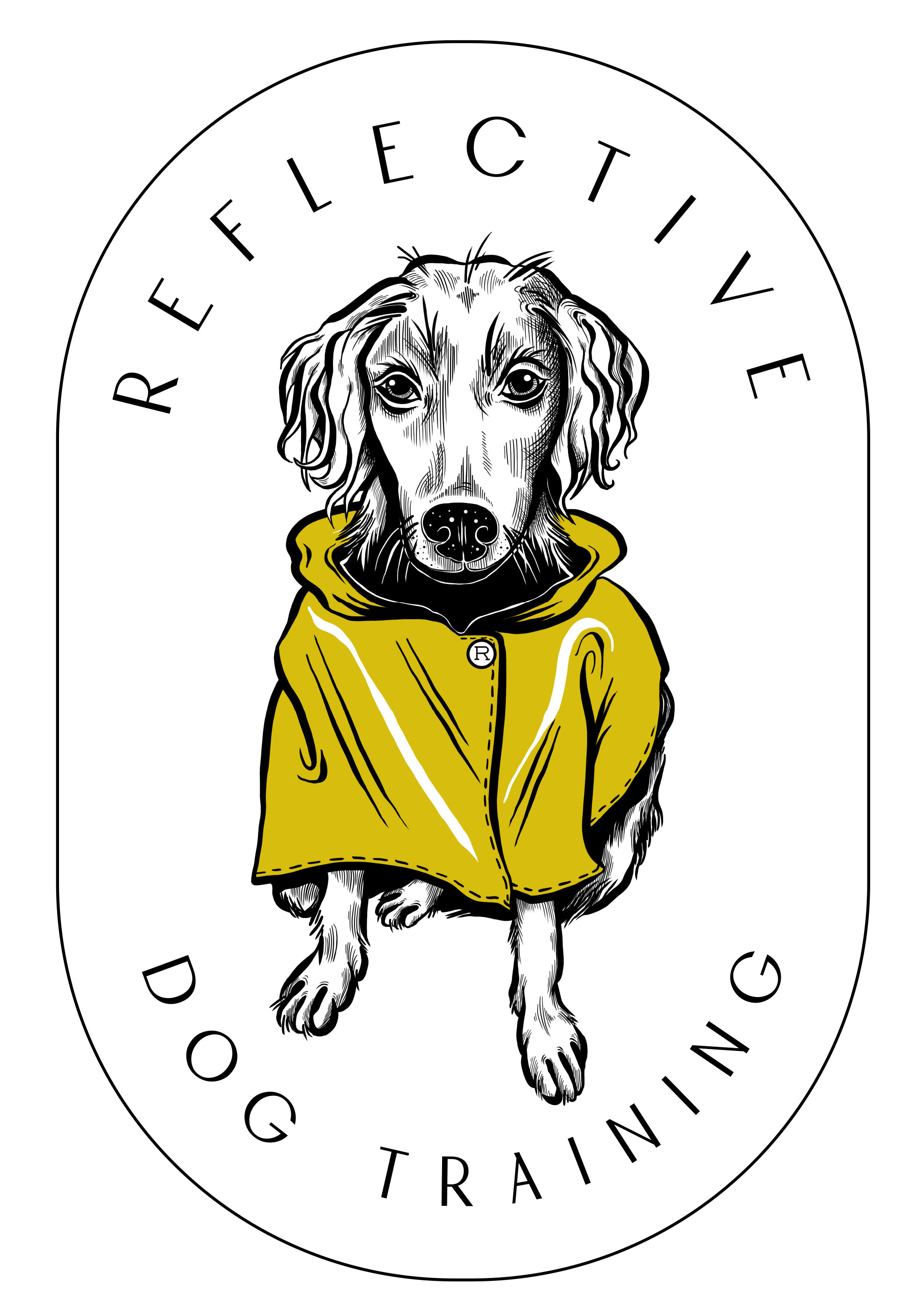 Reflective Dog Training logo featuring a black and white sketch of a dog wearing a yellow rainjacket.